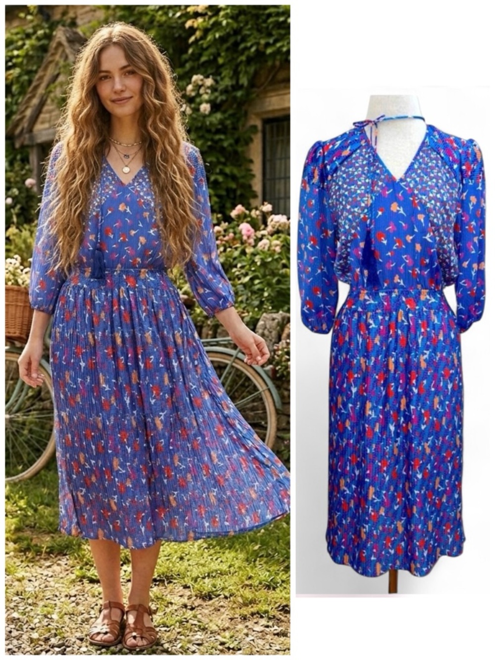Vintage 80s Retro Blue Floral  V-Neck Dress Size Small Cottage Core Garden Party